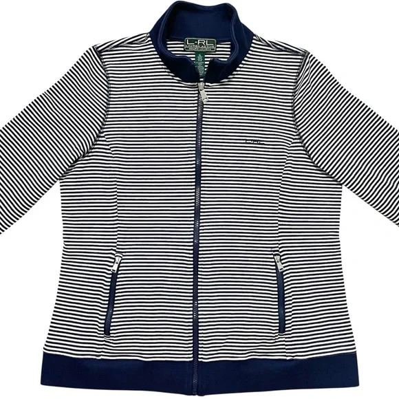 Lauren Active by Ralph Lauren L-RL Navy Blue & White Striped Zip-Up Track Jacket - Picture 6 of 16